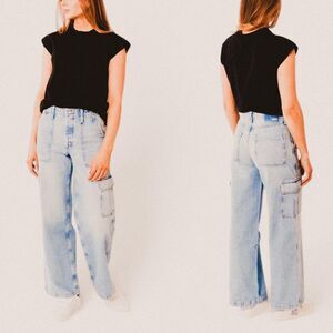 Mother The Spinner Cargo “Nerdy in Let’s Bounce” Light Wash Utility Jeans 26